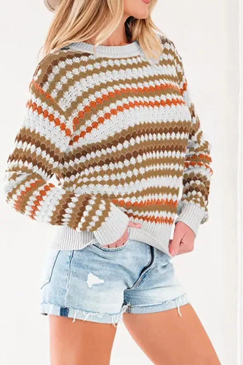 Striped pointelle knit crewneck sweater with drop shoulders