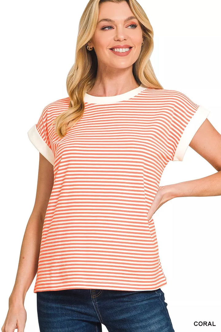 CORAL Striped round neck tee with contrast trim and cuffed sleeves