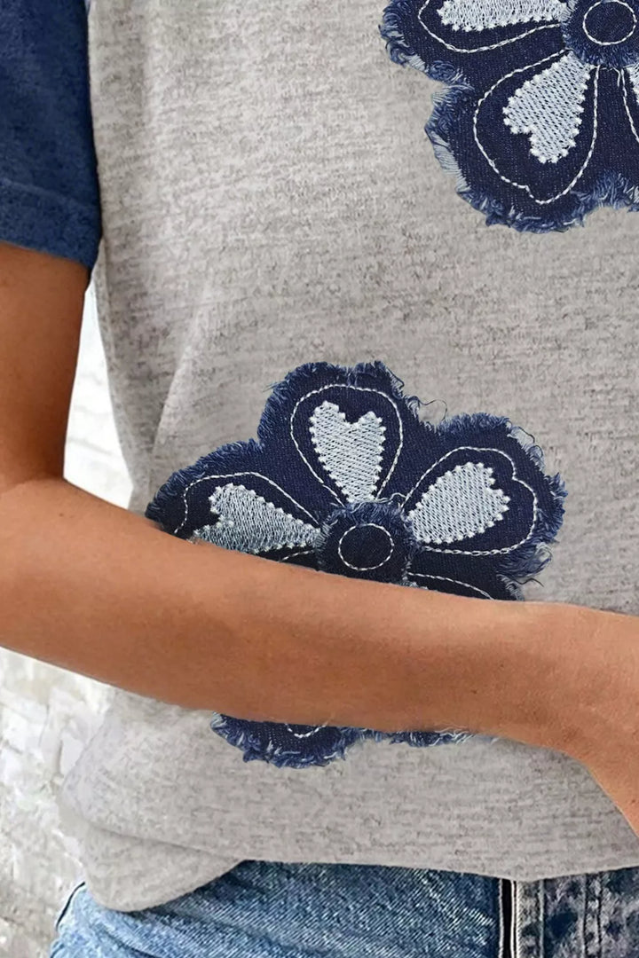 Floral patch raglan tee with contrast sleeves