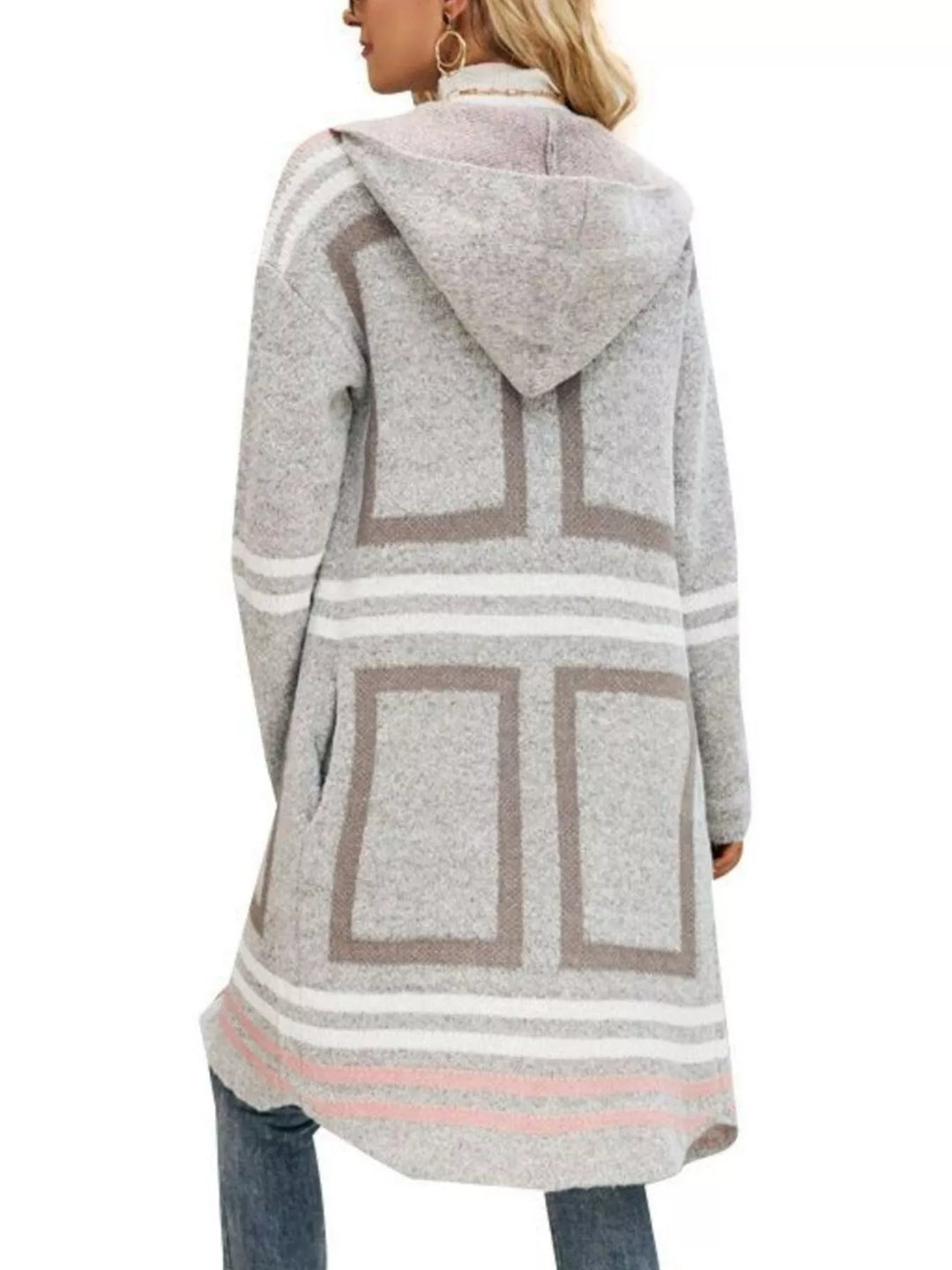 Striped hooded longline cardigan with flap pockets