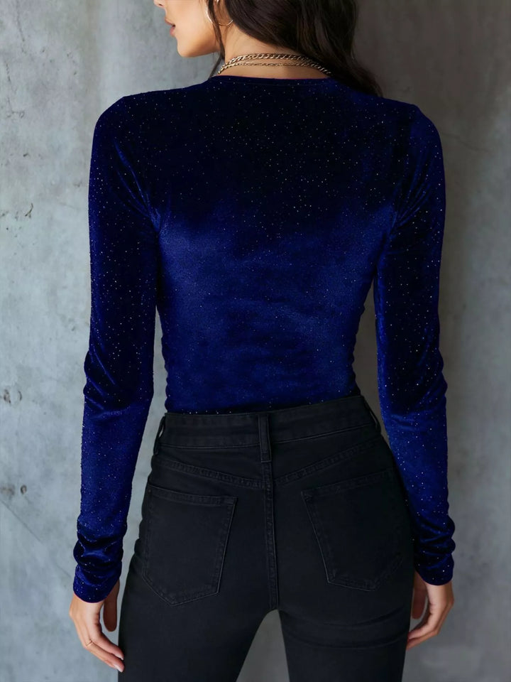 Glitter velvet ruched sweetheart-neck long sleeve top