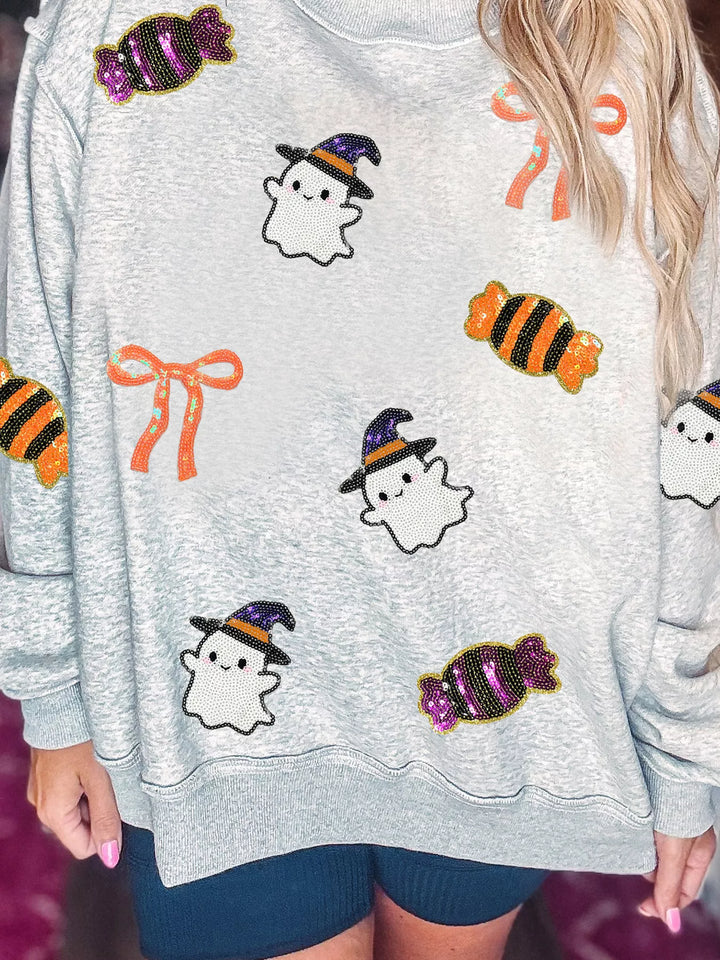 Sequin ghost and candy Halloween graphic sweatshirt