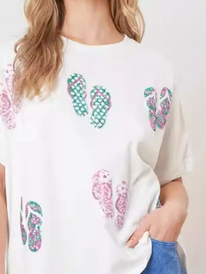 Scattered sequin flip-flop graphic short sleeve tee