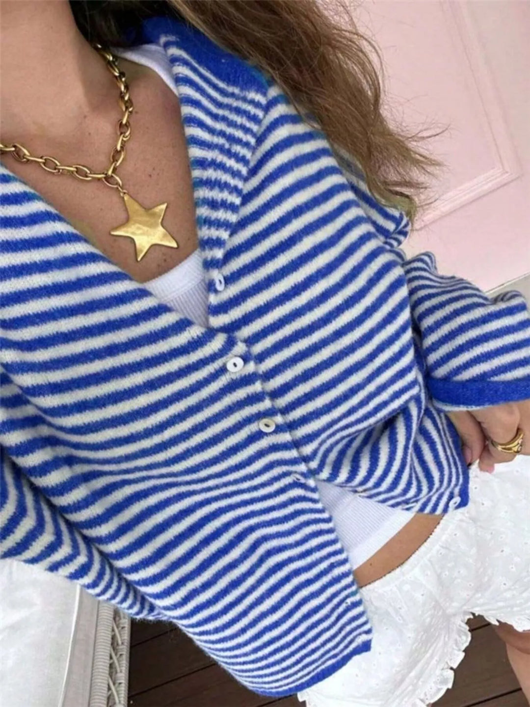 Striped lightweight knit button-front cardigan
