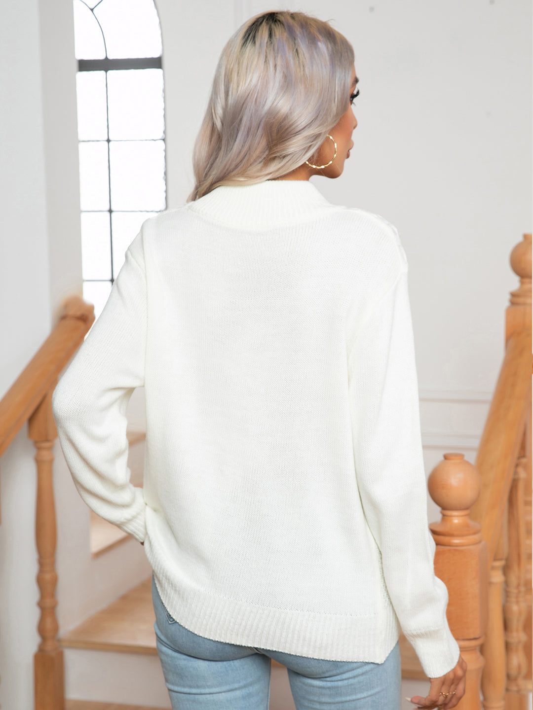 Argyle cable knit mock neck pullover sweater