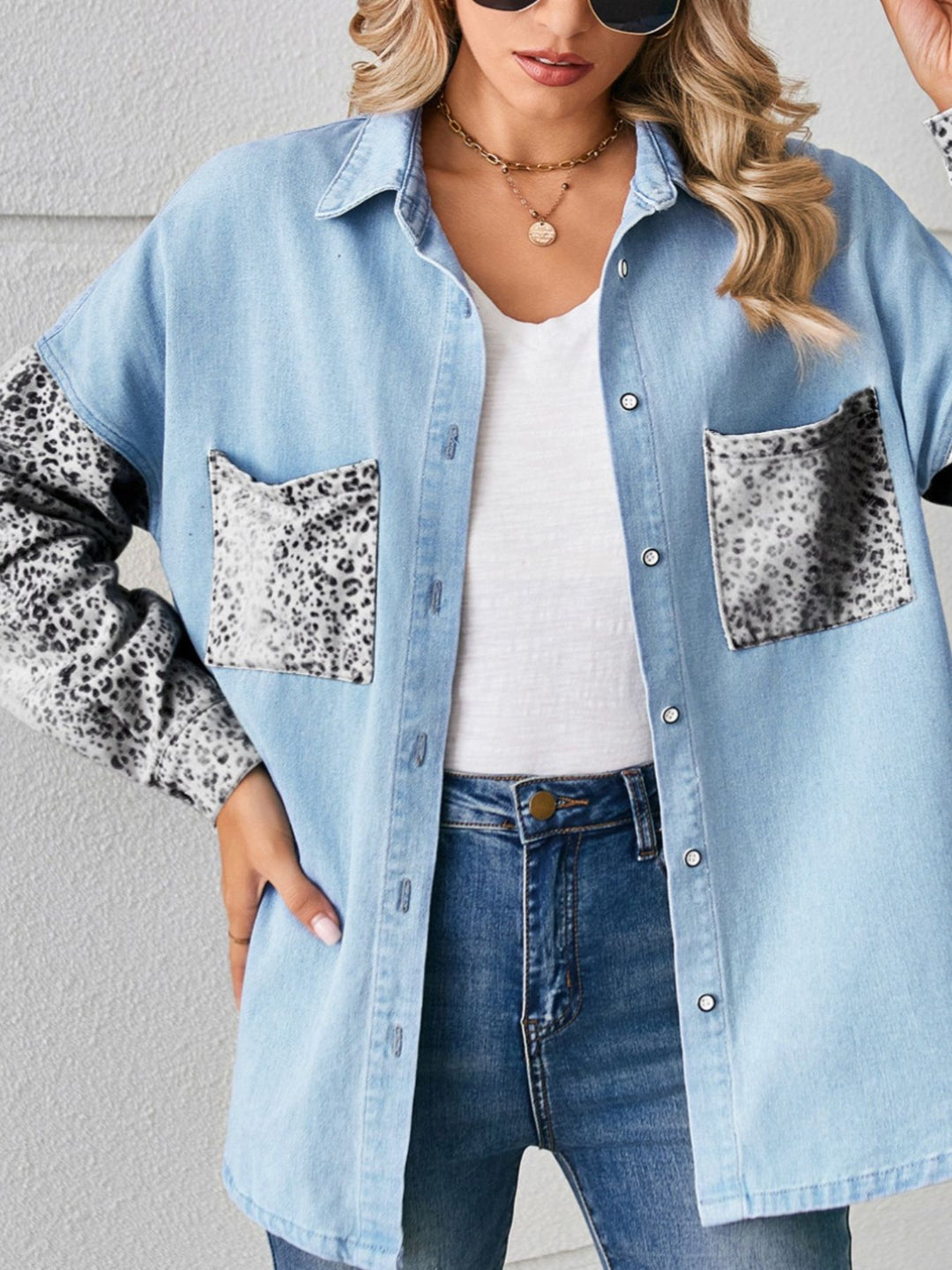 Leopard patchwork button-up denim shirt