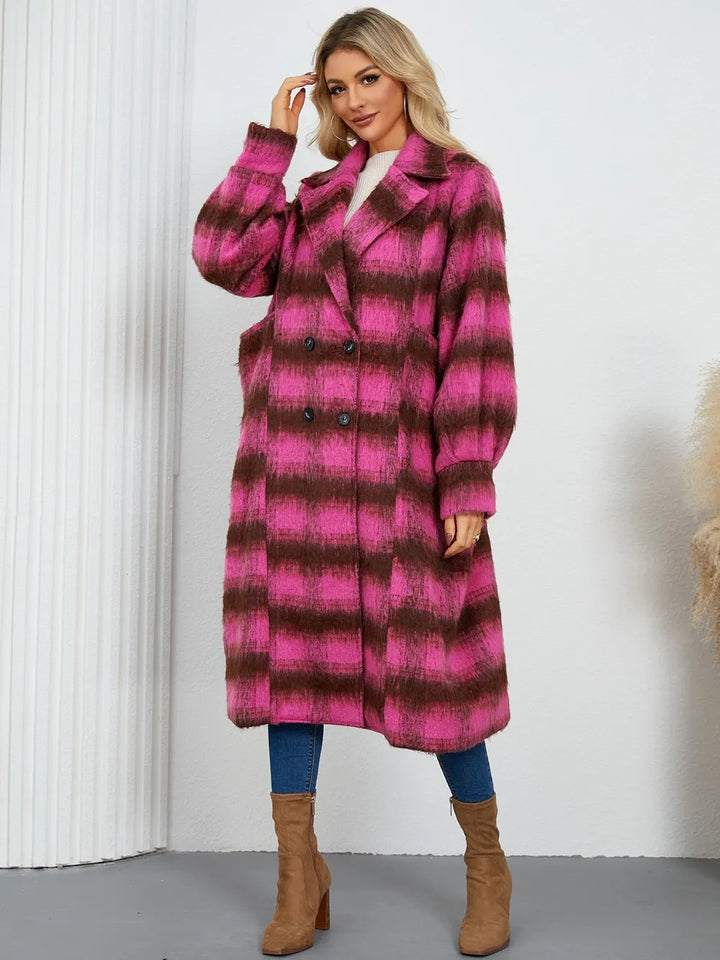 Hot Pink Plaid double-breasted longline coat with notch lapel