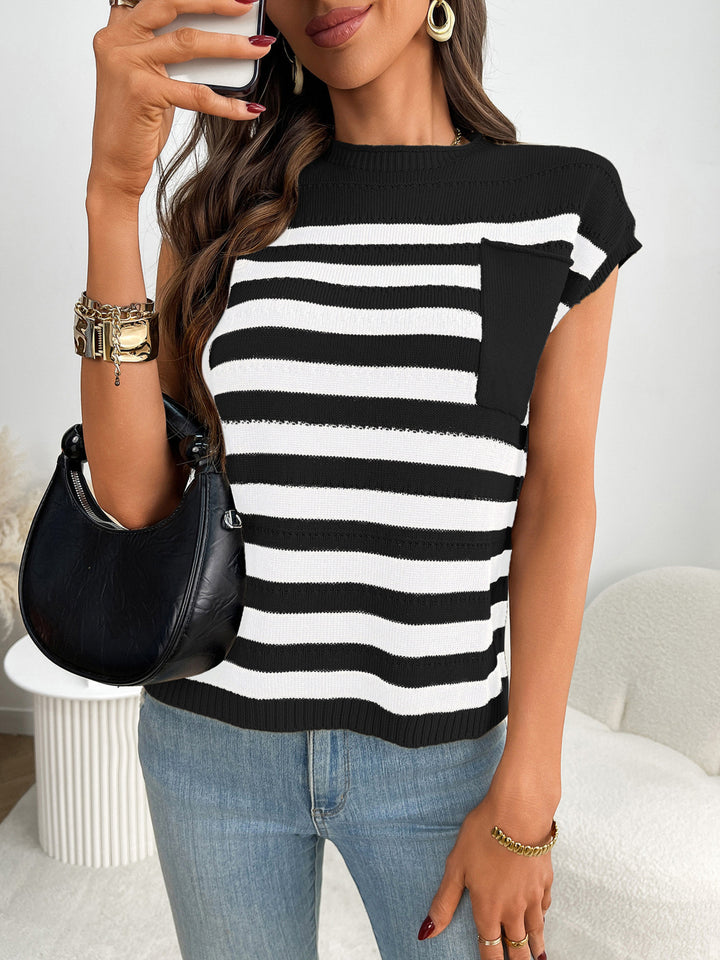 Striped knit cap sleeve top with patch pocket