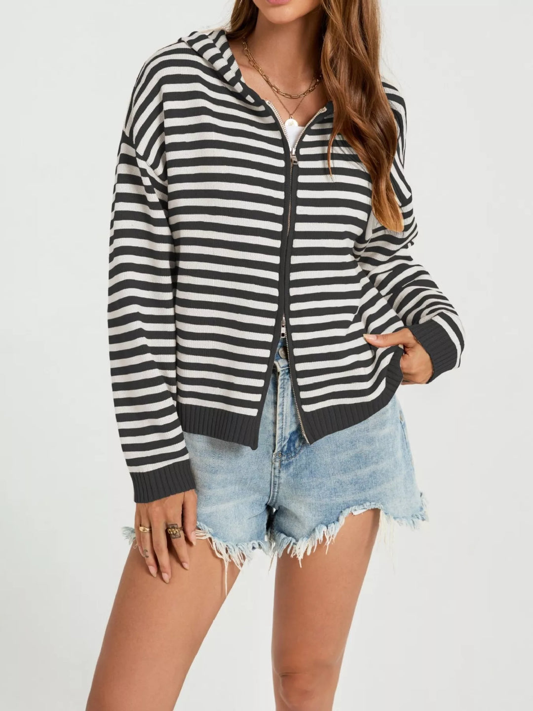 Black Striped hooded zip-up knit cardigan with ribbed trim