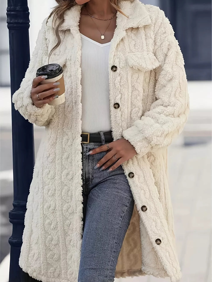 Fuzzy textured fleece longline button-up coat