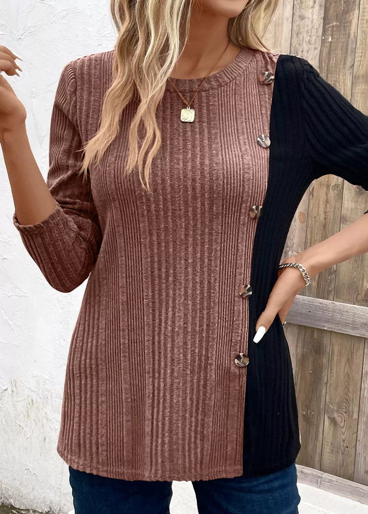 Color block ribbed knit long sleeve button top
