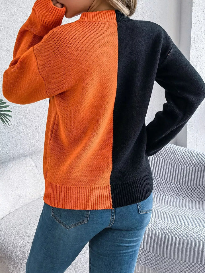 Pumpkin face color block knit pullover sweater