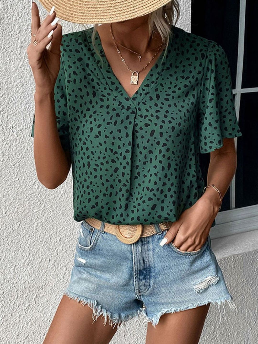 Flutter sleeve animal print V-neck blouse