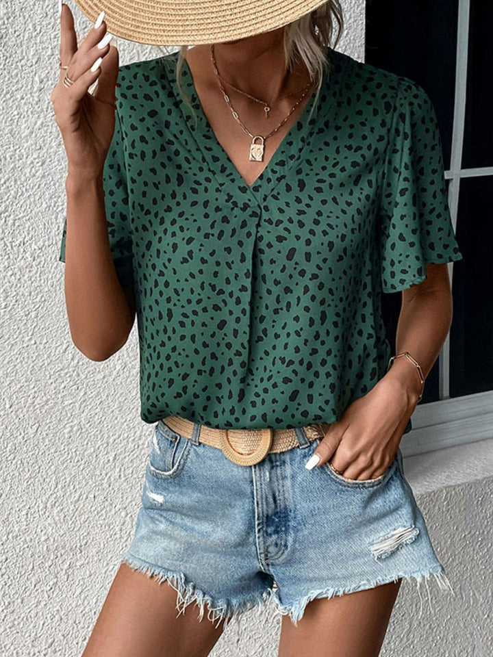 Flutter sleeve animal print V-neck blouse