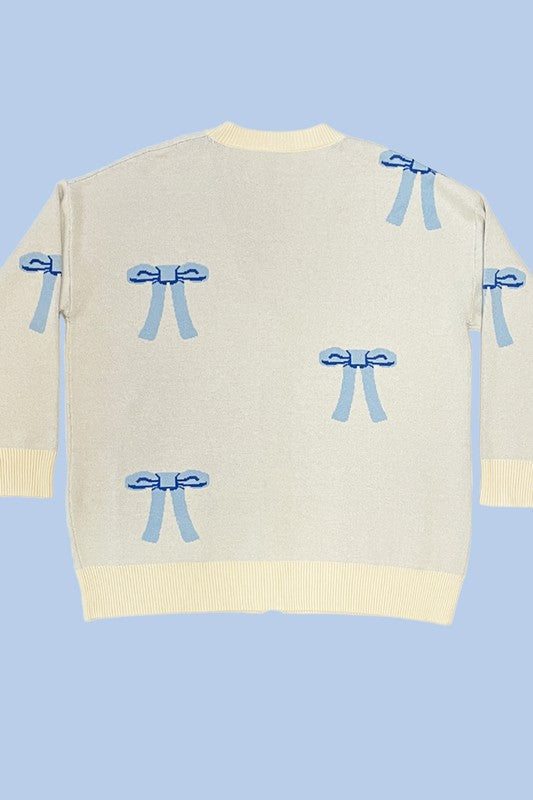 Chantilly Bow Intarsia Oversized Knit Cardigan - button front, v neck - view 12
