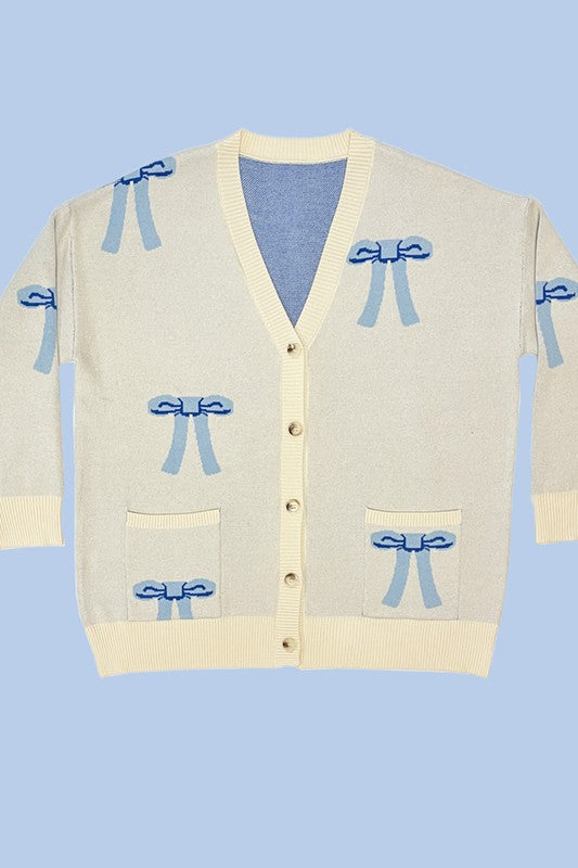 Chantilly Bow Intarsia Oversized Knit Cardigan - button front, v neck - view 13