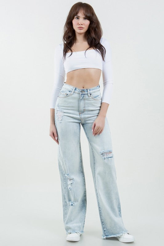Charlotte Premium Stone Wash High Rise Wide Leg Jeans in Light denim - oversized, wide leg - front view