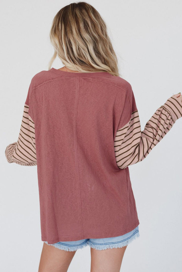 Color block stripe lantern sleeve side slit tunic - detail view