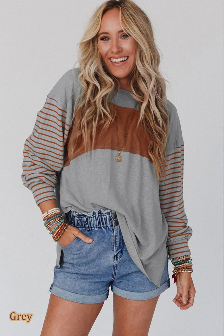 Color block stripe lantern sleeve side slit tunic in Grey - color options