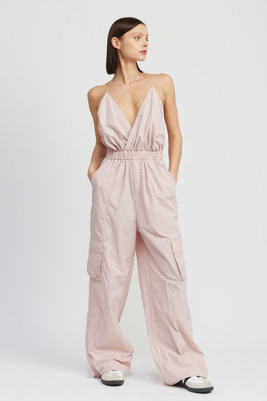 Coventry Spaghetti Strap Cargo Jumpsuit in TAUPE - v neck, relaxed fit - front view