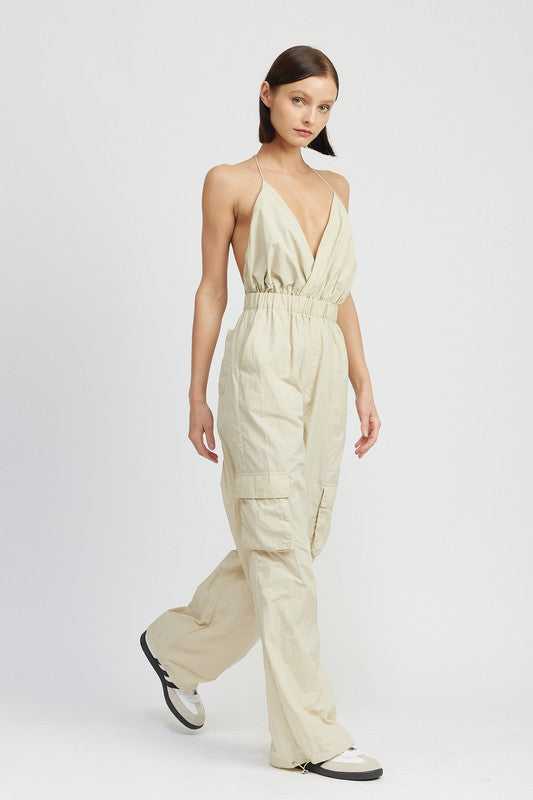 Coventry Spaghetti Strap Cargo Jumpsuit in TAUPE - v neck, relaxed fit - view 10