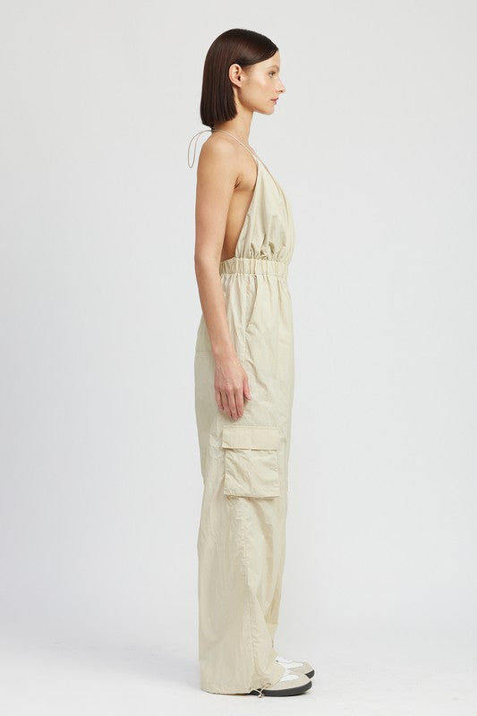 Coventry Spaghetti Strap Cargo Jumpsuit in TAUPE - v neck, relaxed fit - view 11