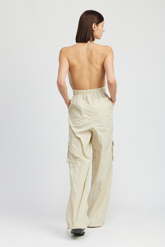 Coventry Spaghetti Strap Cargo Jumpsuit in TAUPE - v neck, relaxed fit - view 12