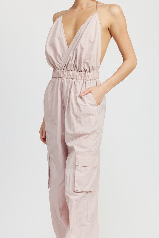 Coventry Spaghetti Strap Cargo Jumpsuit in TAUPE - v neck, relaxed fit - alternate view