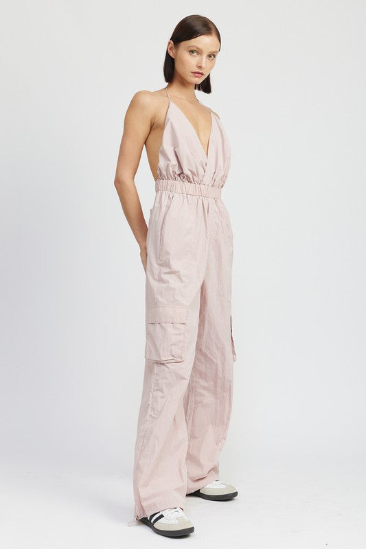 Coventry Spaghetti Strap Cargo Jumpsuit in TAUPE - v neck, relaxed fit - view 4