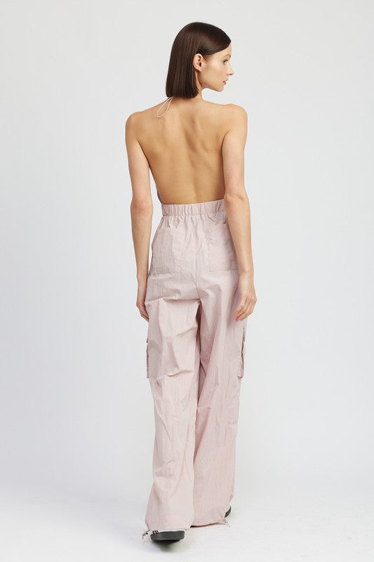 Coventry Spaghetti Strap Cargo Jumpsuit in TAUPE - v neck, relaxed fit - view 6