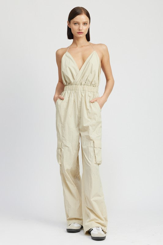 Coventry Spaghetti Strap Cargo Jumpsuit in TAUPE - v neck, relaxed fit - view 7