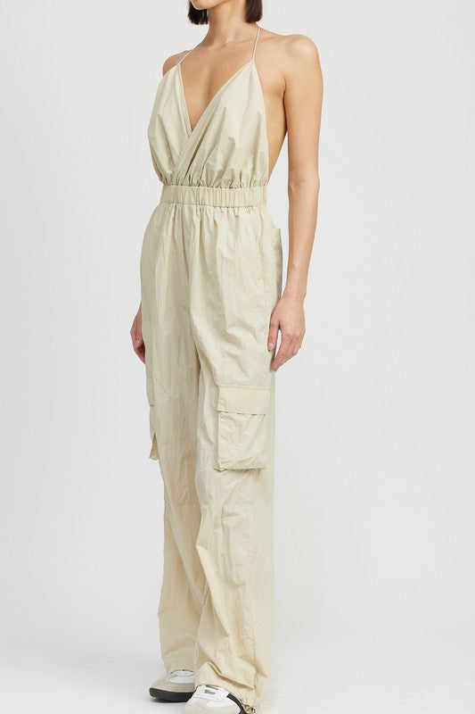 Coventry Spaghetti Strap Cargo Jumpsuit in TAUPE - v neck, relaxed fit - view 8