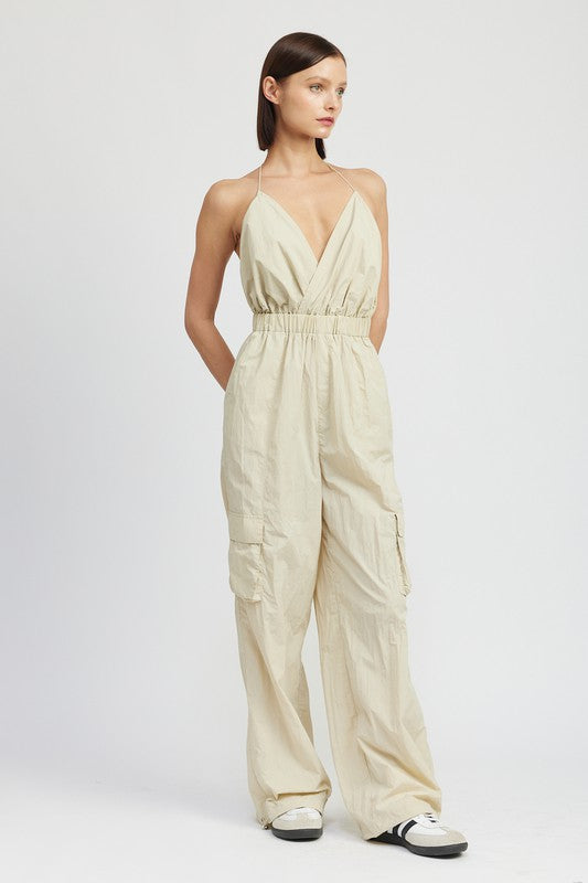 Coventry Spaghetti Strap Cargo Jumpsuit in TAUPE - v neck, relaxed fit - view 9