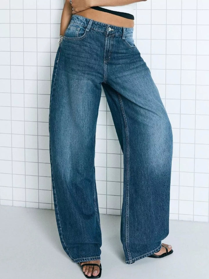 Dark Blue Mid-rise wide-leg washed denim jeans with five-pocket styling