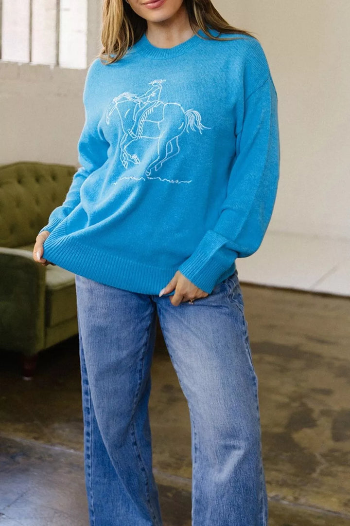 Embroidered bronco rider drop shoulder crewneck sweater