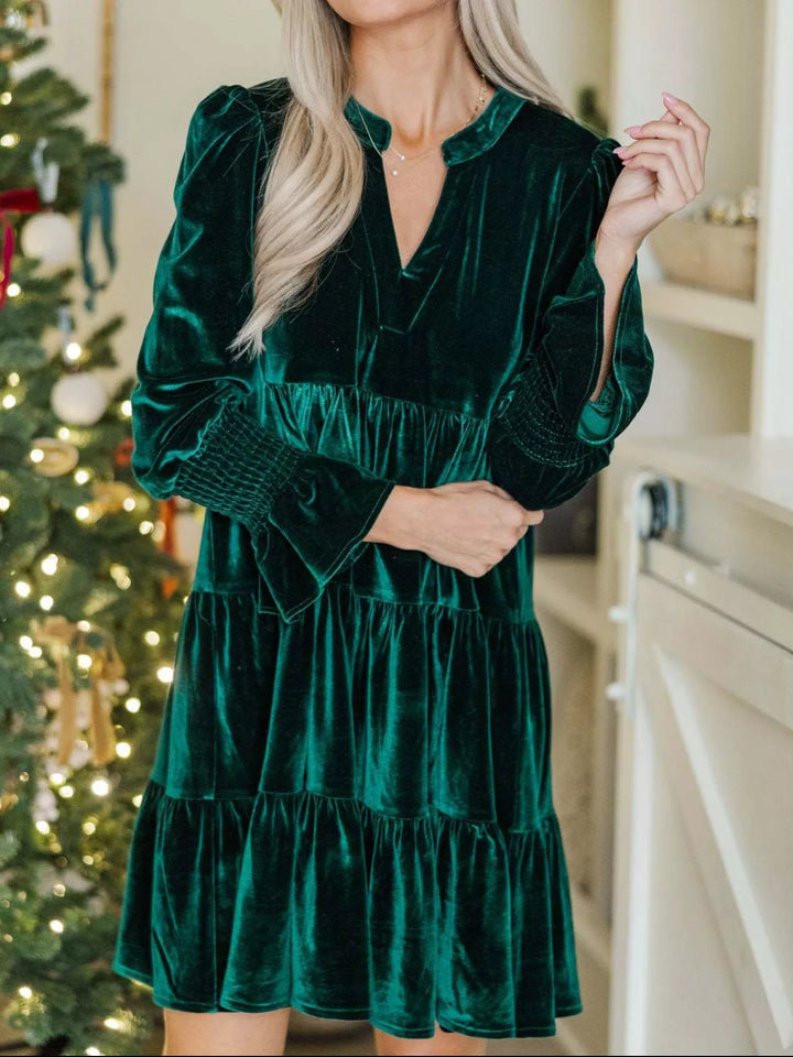 Tiered velvet mini dress with smocked ruffle cuffs