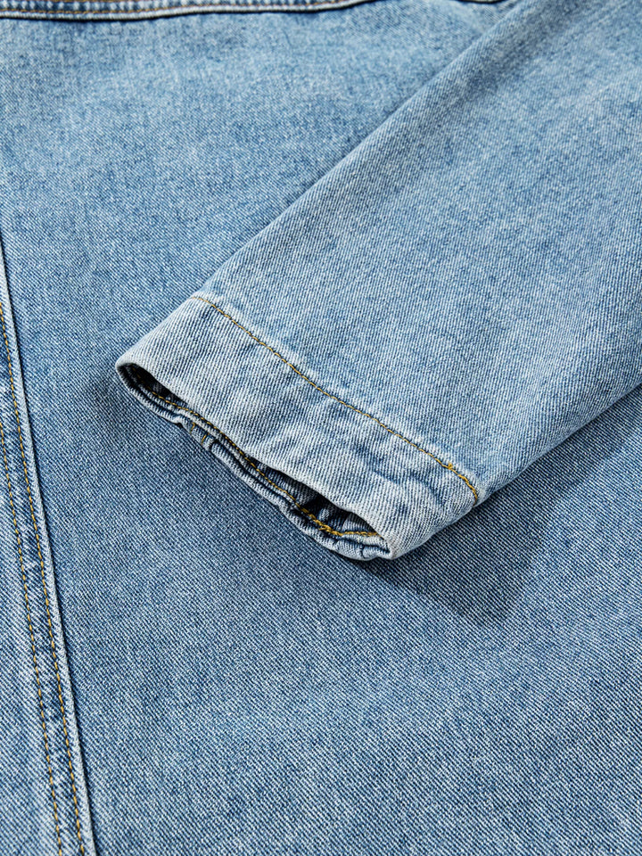 Oversized denim jacket with patch pockets and side ties