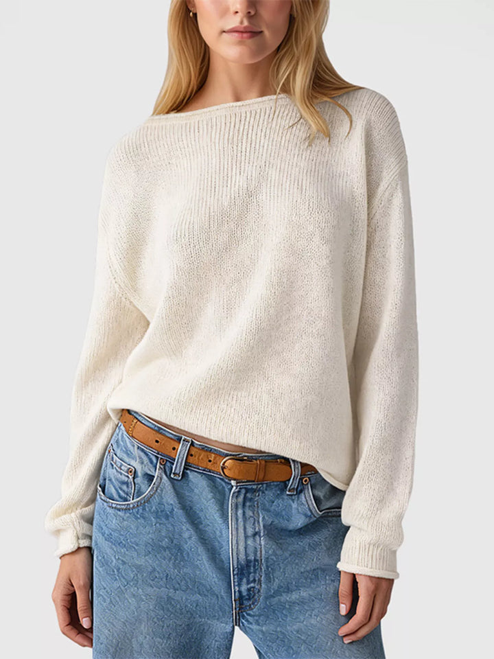 Cream Striped oversized boat neck sweater with drop shoulders