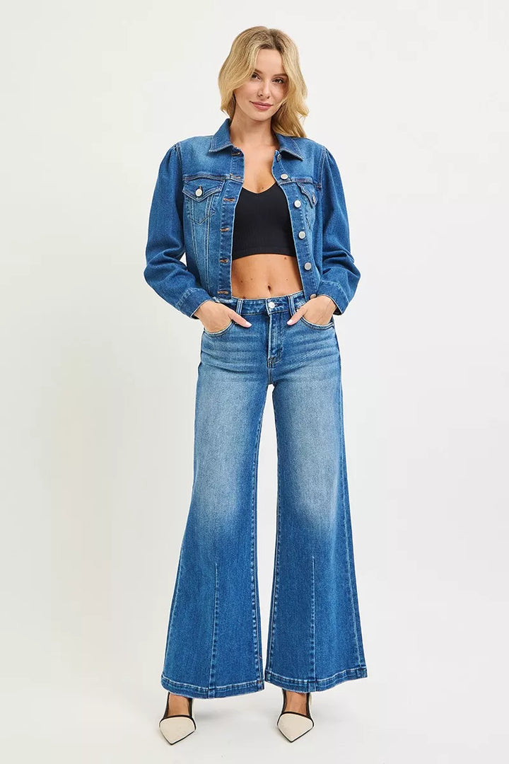 Mid-rise wide-leg flare jeans with center seam
