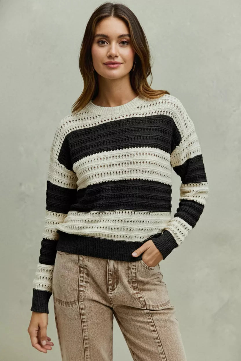Openwork textured wide-stripe knit pullover sweater