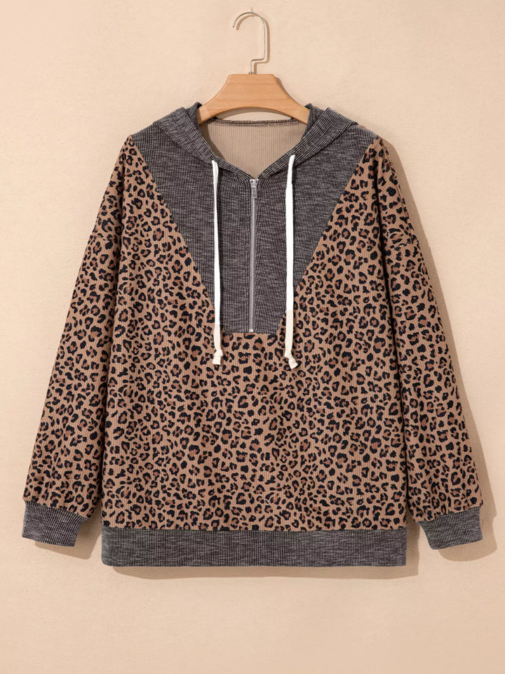 Ribbed leopard print half-zip hoodie with contrast hood