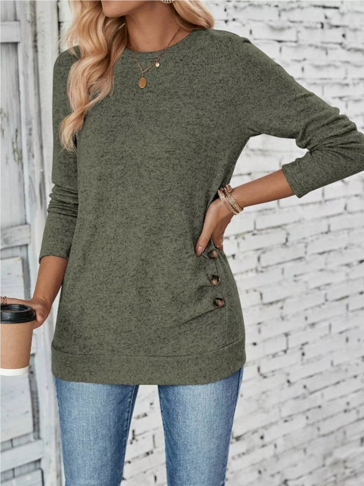 Decorative side-button long sleeve knit top