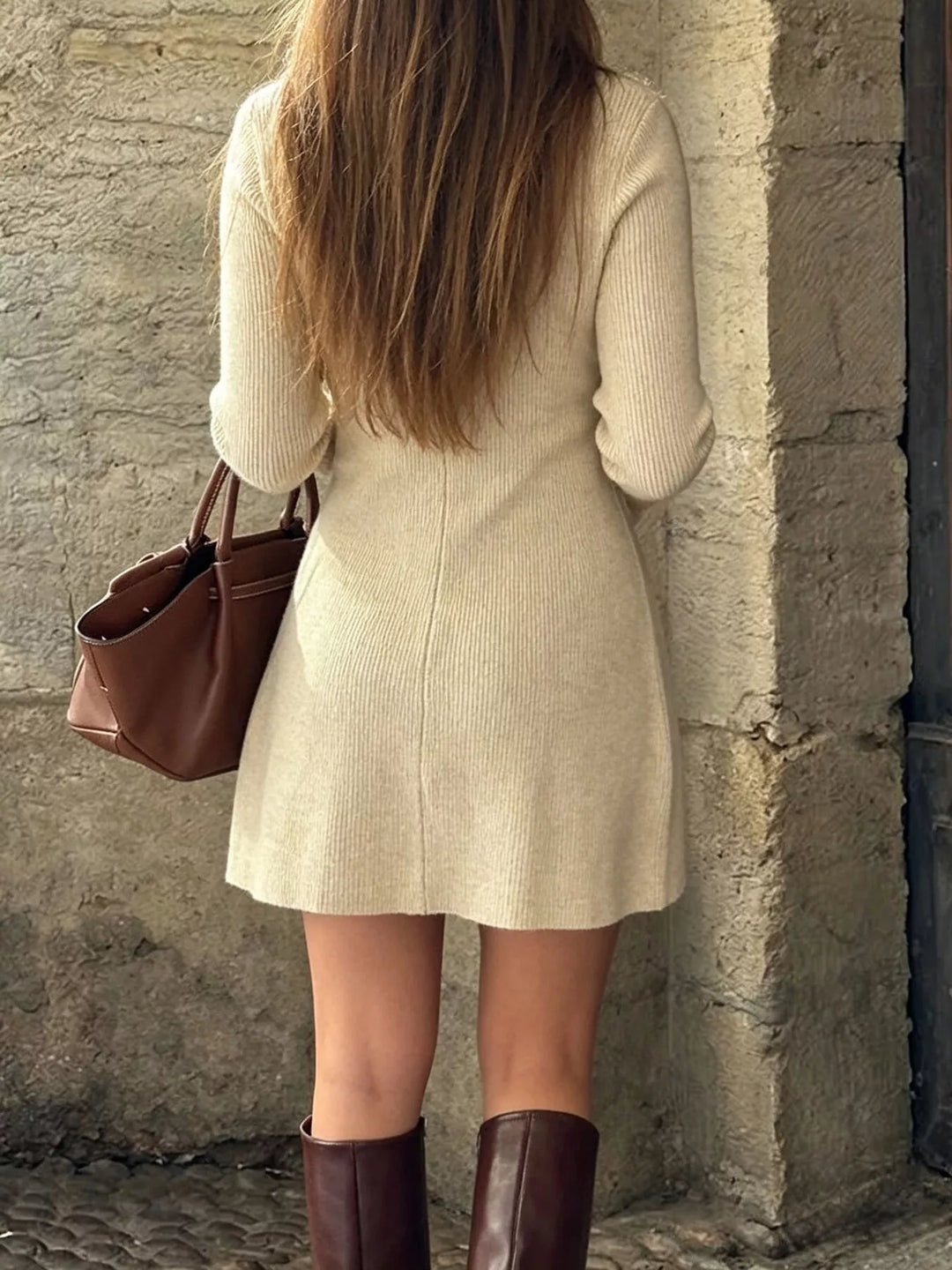 Ribbed knit button-front mini sweater dress with shawl collar