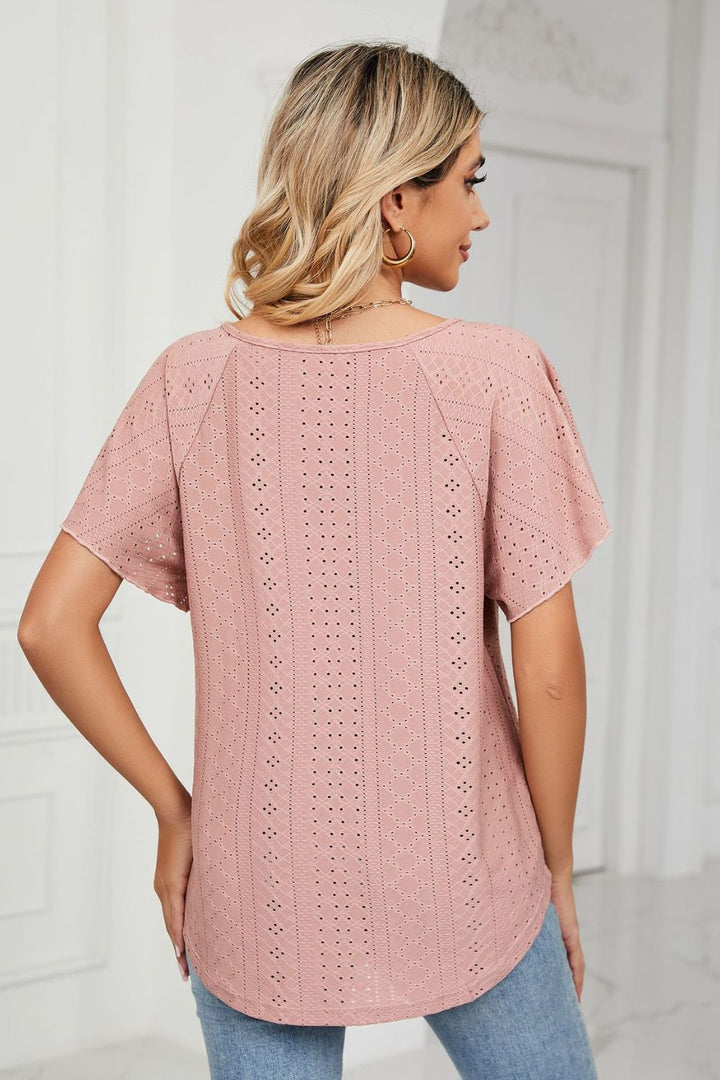 Eyelet flutter sleeve top with V-neck tie