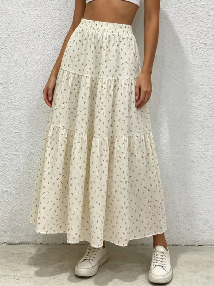 Beige Floral print tiered maxi skirt with smocked waist