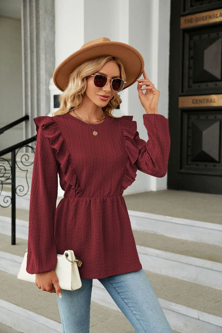 Ruffle-shoulder textured peplum blouse with round neck