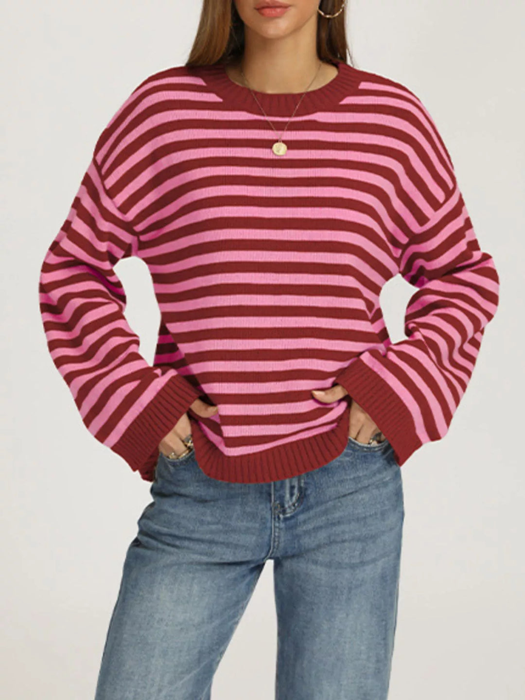 Red And Pink Striped drop shoulder crew neck sweater with ribbed trim