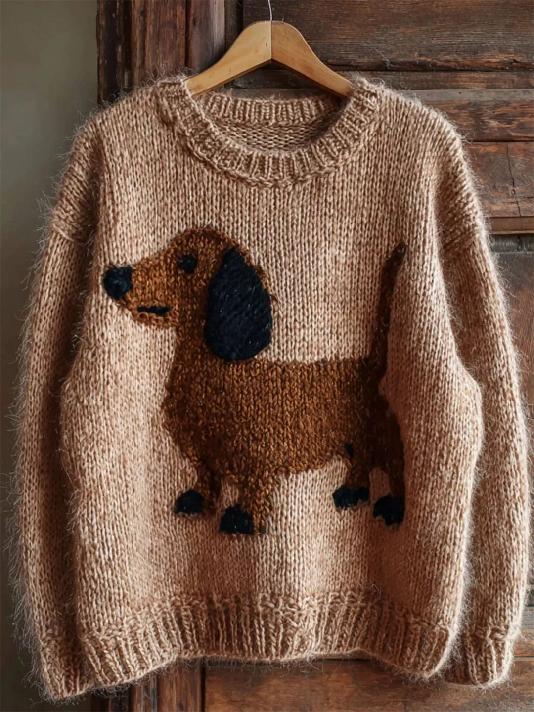 Tan Dachshund chunky knit drop shoulder crew neck sweater