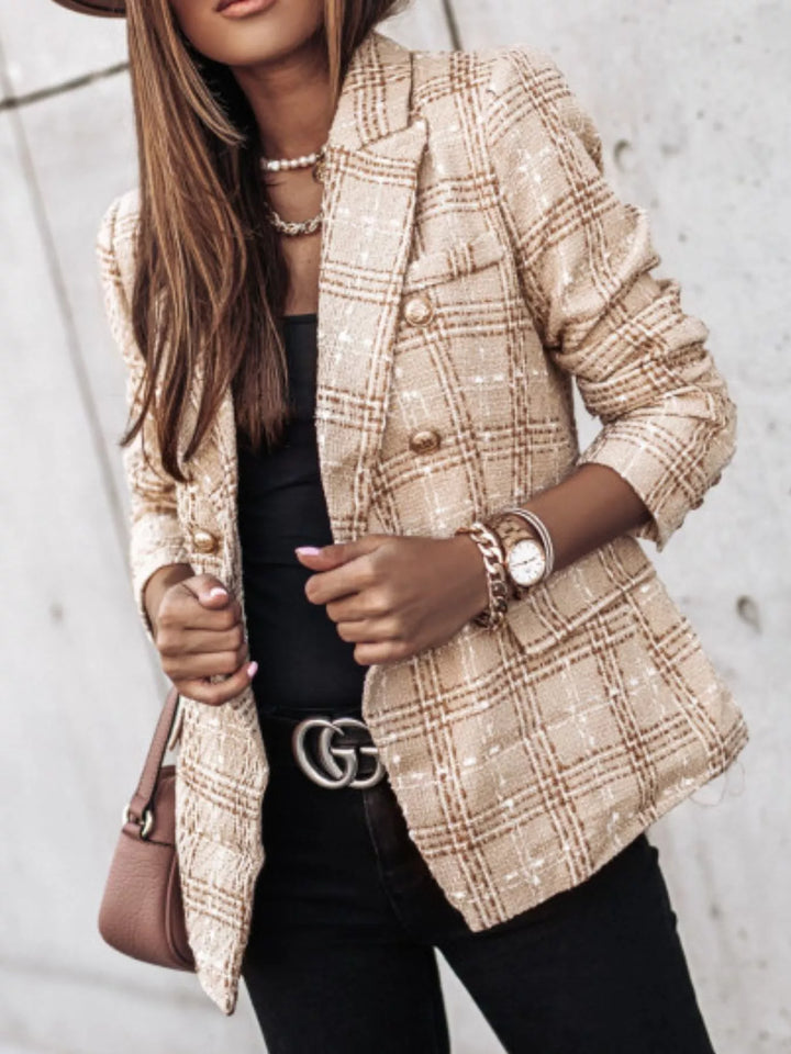 Plaid tweed double-breasted blazer with gold buttons