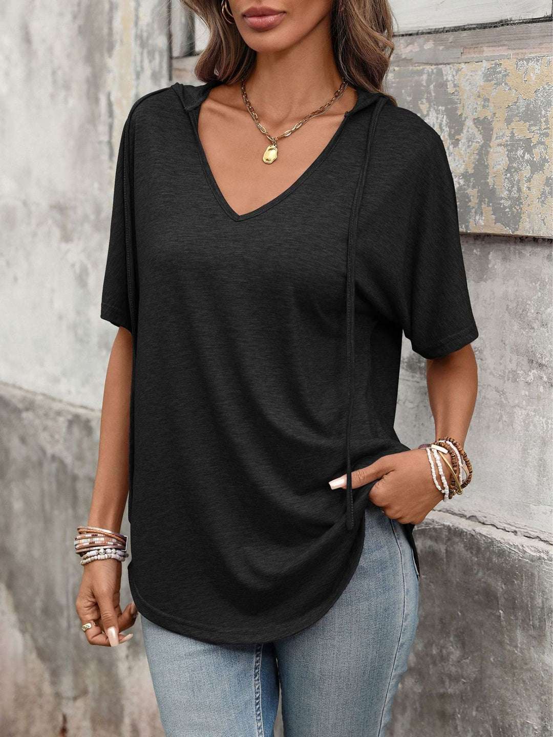 Hooded short sleeve tee with drawstring V-neck